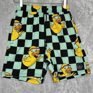 Neff Swim Trunks Mens Medium Black Green Duck Checkerboard Board Shorts Beach